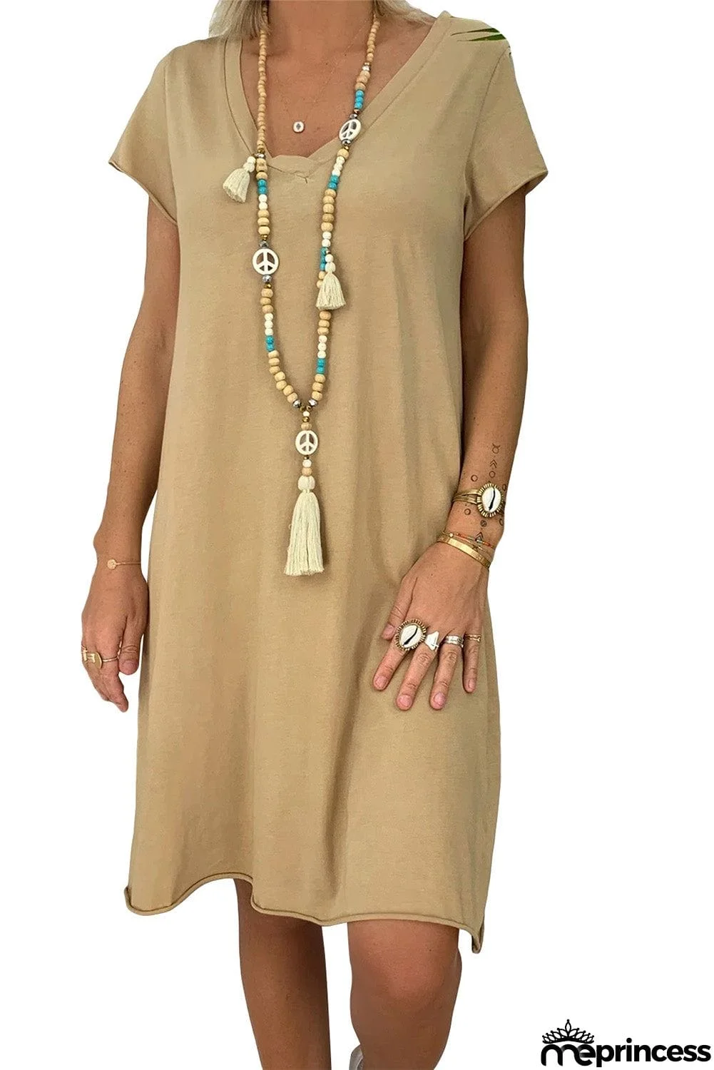 Rolled Hem V Neck Short Sleeve Mini Dress