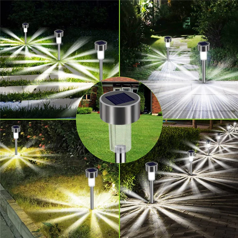 12 Packs Solar Glass Stainless Steel Waterproof Stake Lights For Outdoor Pathway Garden