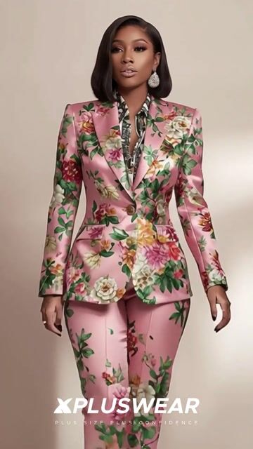 Xpluswear Design Plus Size Business Casual Pink Floral Lapel Collar Long Sleeve Pocket Satin Two Piece Pant Suits 2024 - Xpluswear