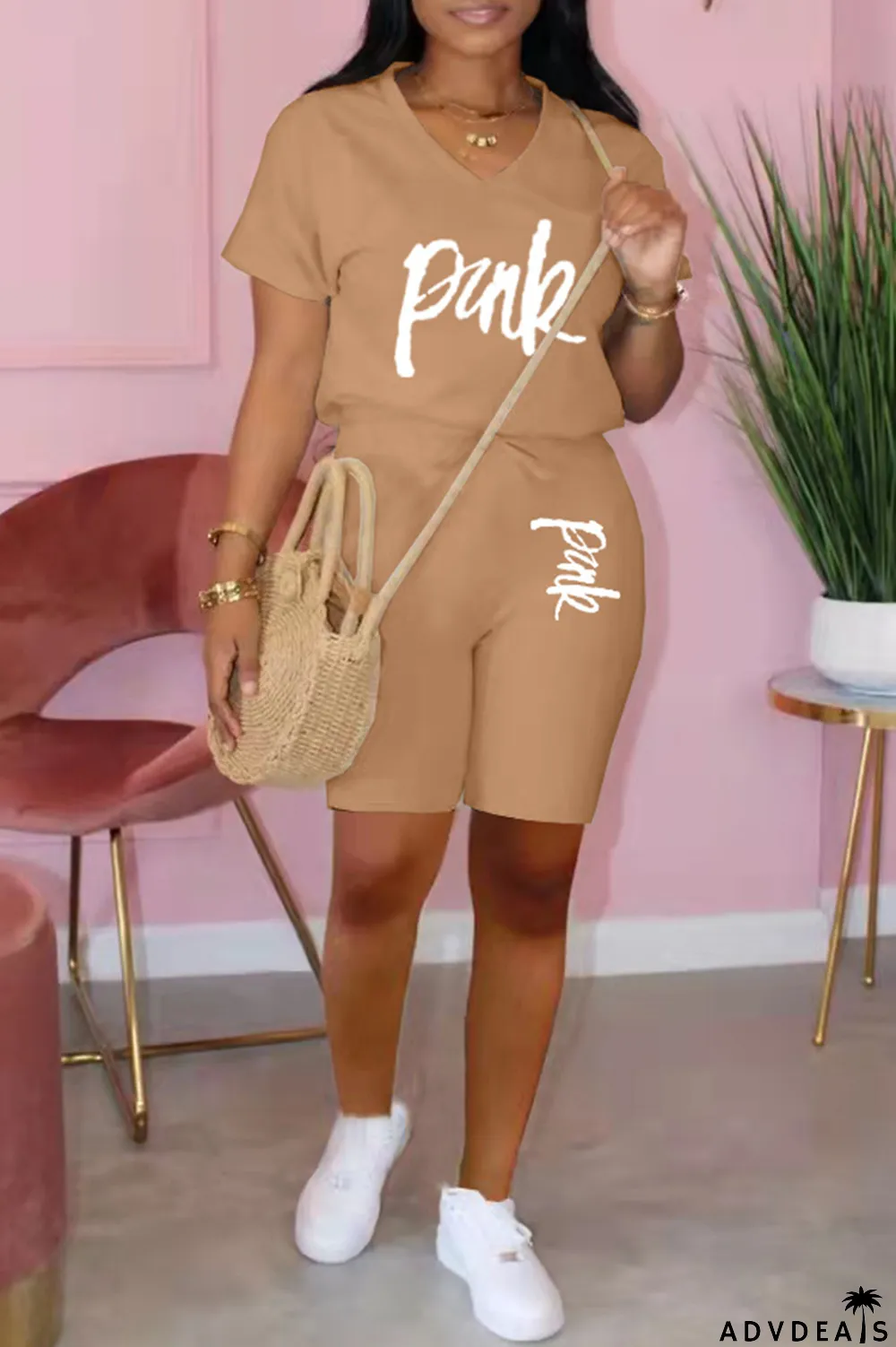 Apricot Fashion Casual Letter Print Basic V Neck Short Sleeve Two Pieces