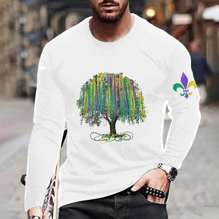 VChics Men's Mardi Gras Tree Print Long Sleeve T-Shirt