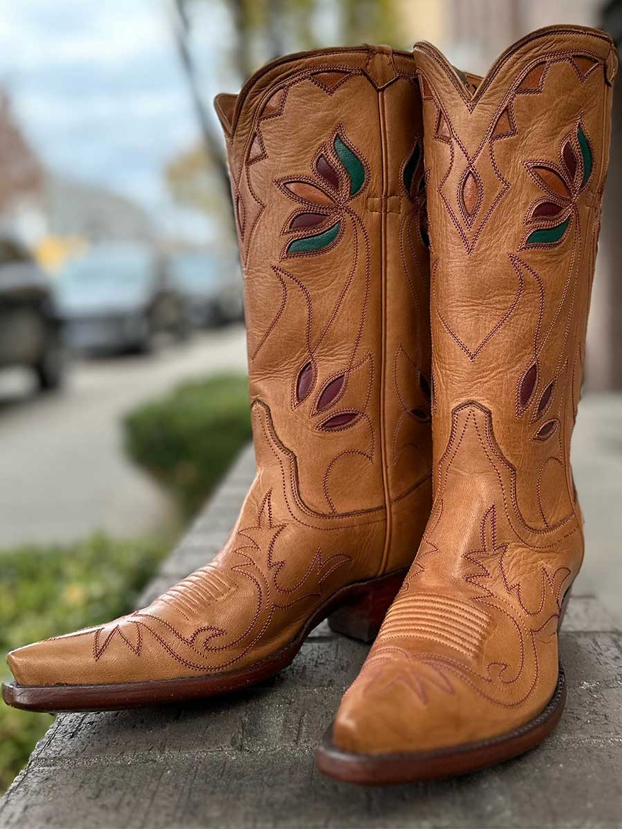 Brown Snip Toe Vintage Floral Inlay Block Heel Mid-Calf Cowgirl Boots