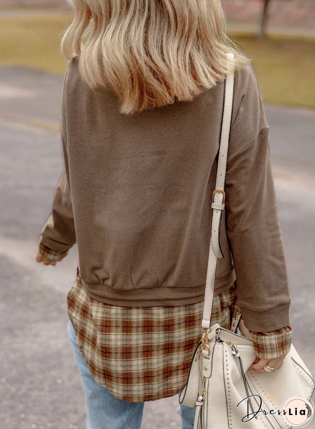 Drawstring Plaid Turtleneck Long Sleeve Top
