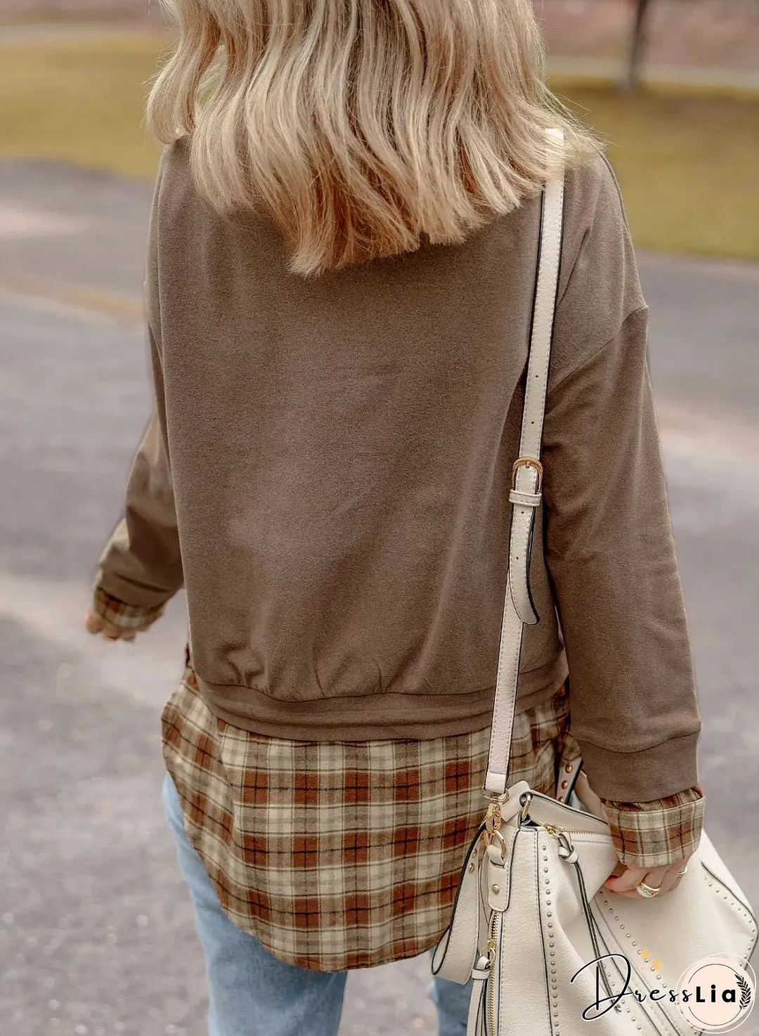 Drawstring Plaid Turtleneck Long Sleeve Top