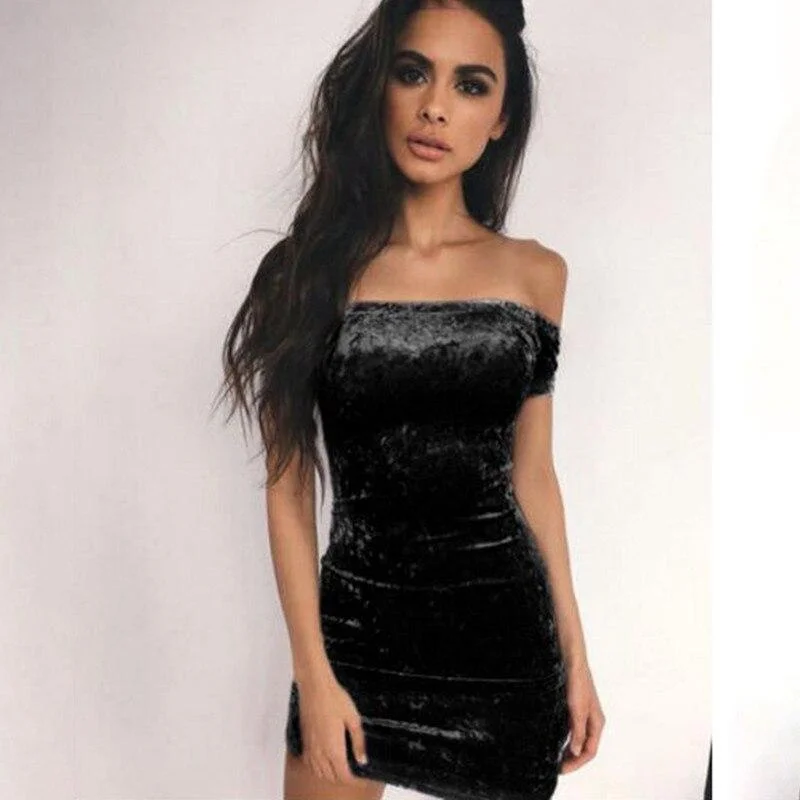 Off Shoulder Sheath Velvet Mini Dress Slash Neck Strapless Women Party Elegant Pencil Bodycon Dress Vestidos Short Sleeve