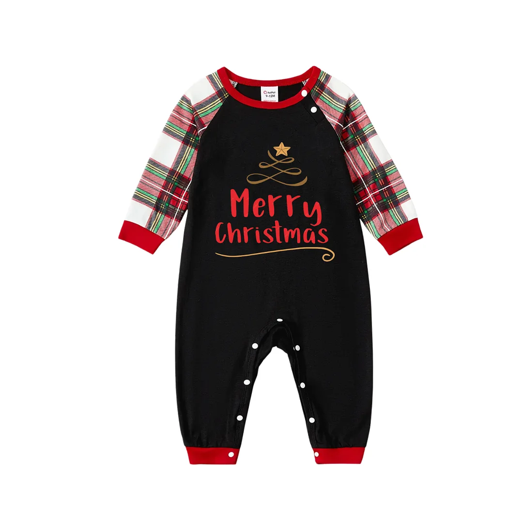 Merry Christmas Under Tree (Gold) - Black Top with Red & White & Green Plaid Pants Family Matching Pajama