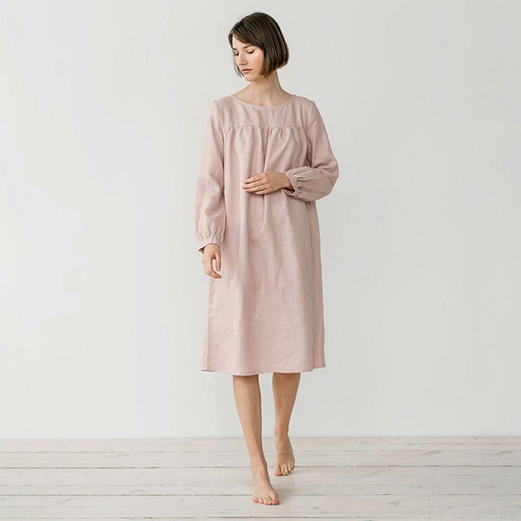 Long Sleeve Linen Nightgown-ChouChouHome