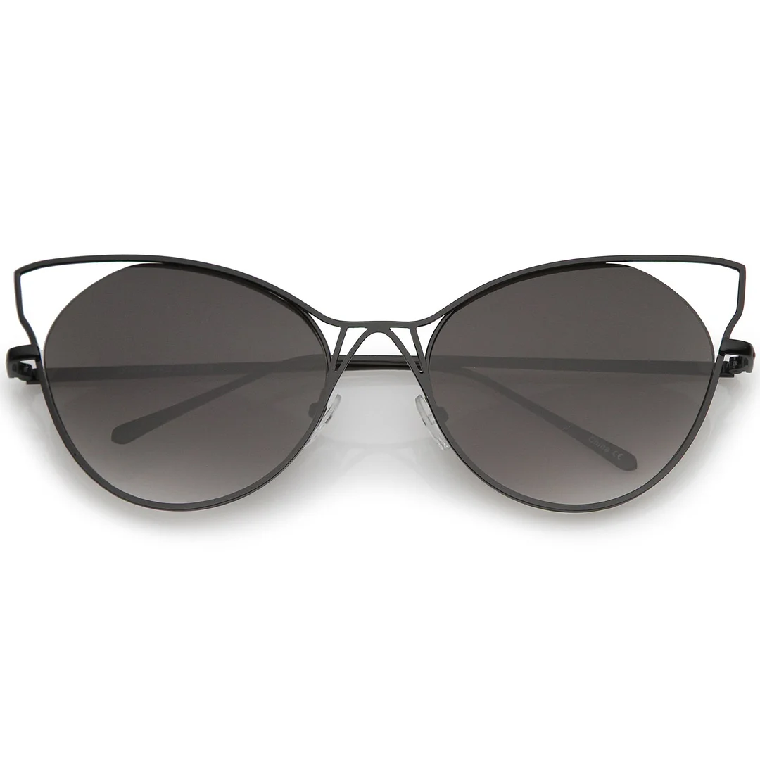 Women's Open Metal Slim Temple Neutral Colored Flat Lens Oversize Cat Eye glasses 60mm