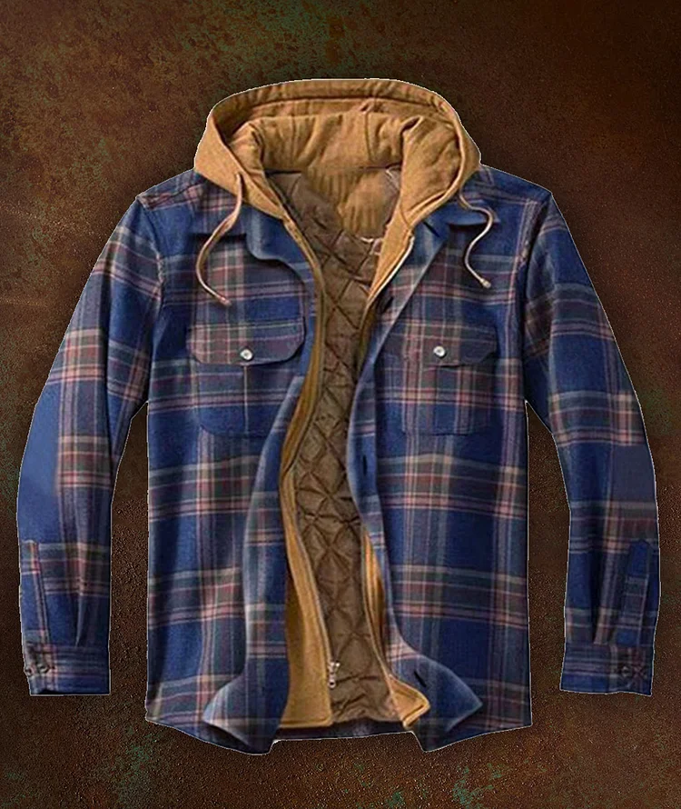 Men's thick cotton-padded jacket for autumn and winter, plaid long-sleeved loose-fitting hooded jacket