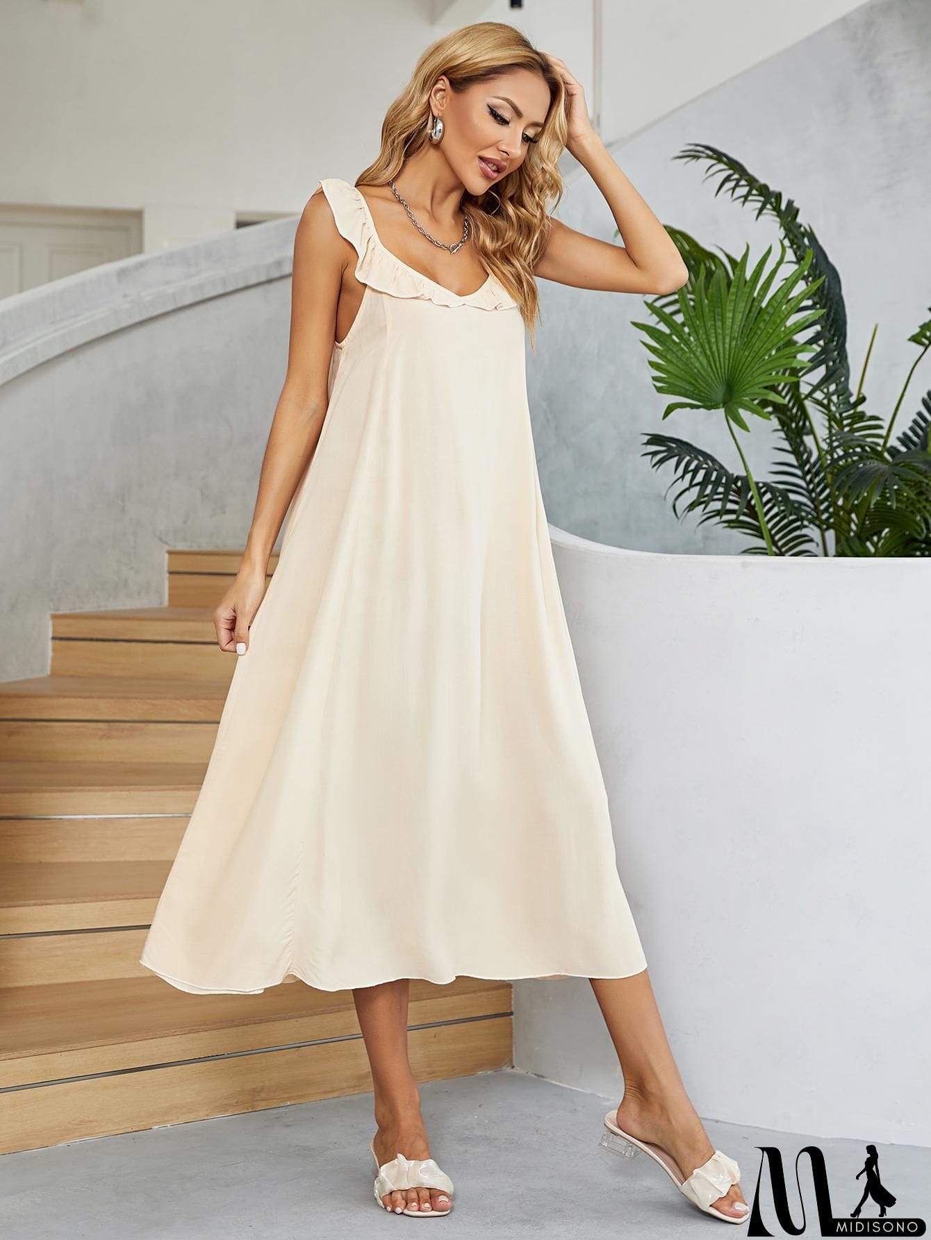 MidiSono - Ruffled V-Neck Midi Dress