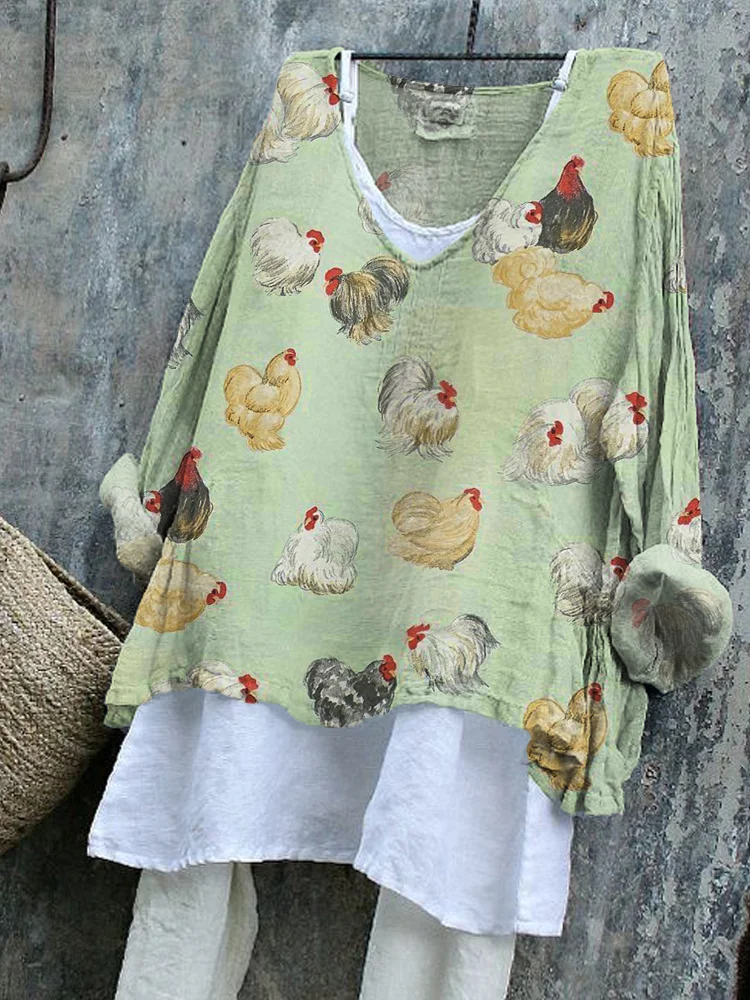 Comstylish Vintage Chicken Pattern Linen Blend Tunic