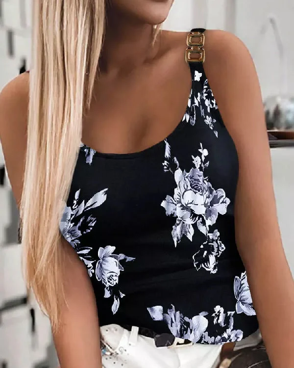 Printed Crew Neck Sleeveless Top