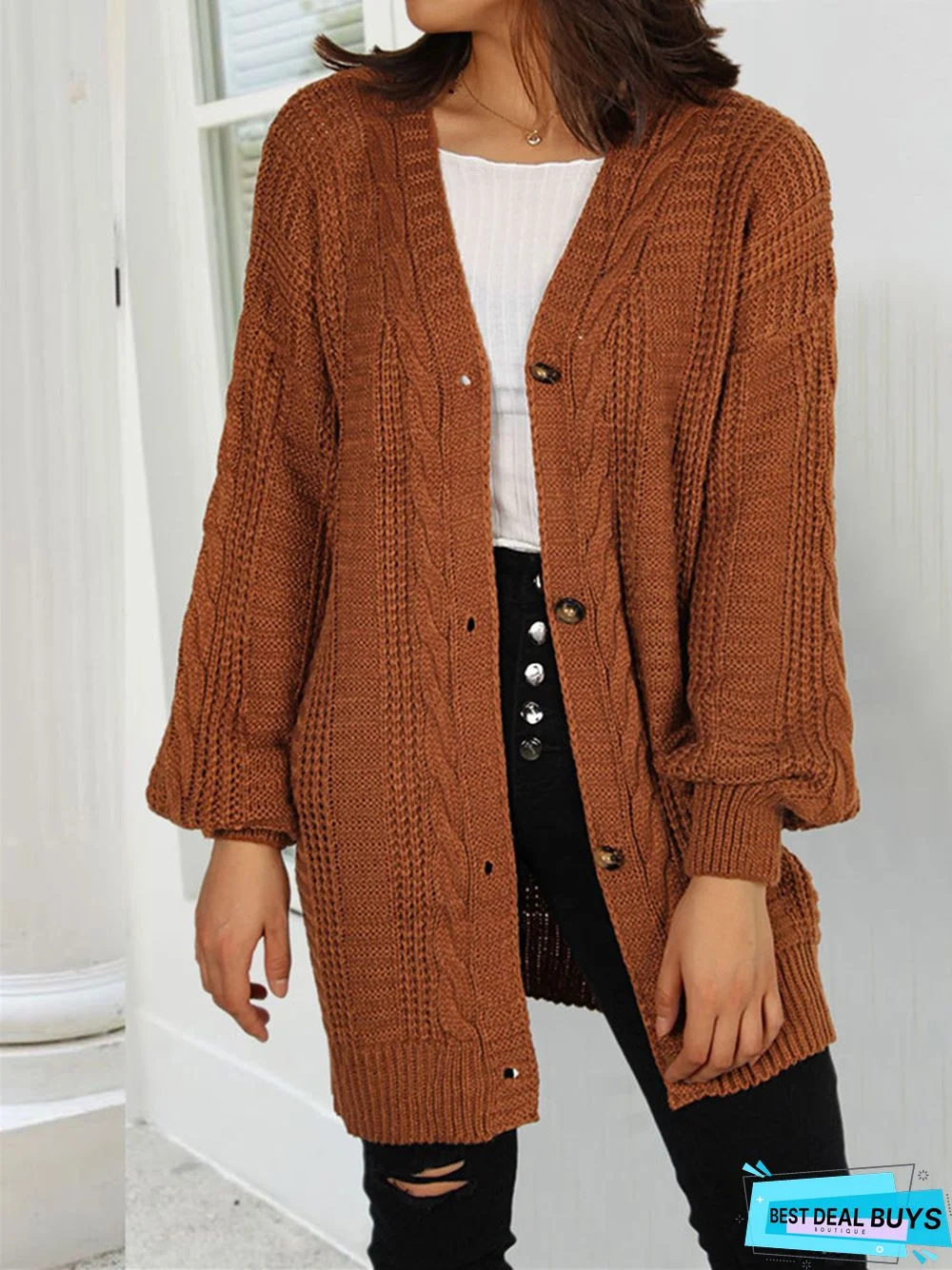 Solid Color V-Neck Lantern Sleeve Cardigan Sweater