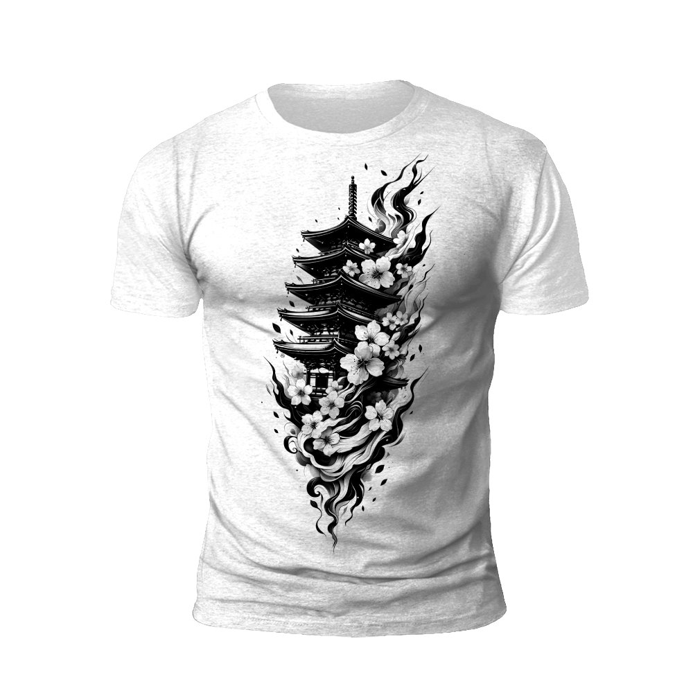 Ancient Serenity: Pagoda and Cherry Blossoms T-Shirt