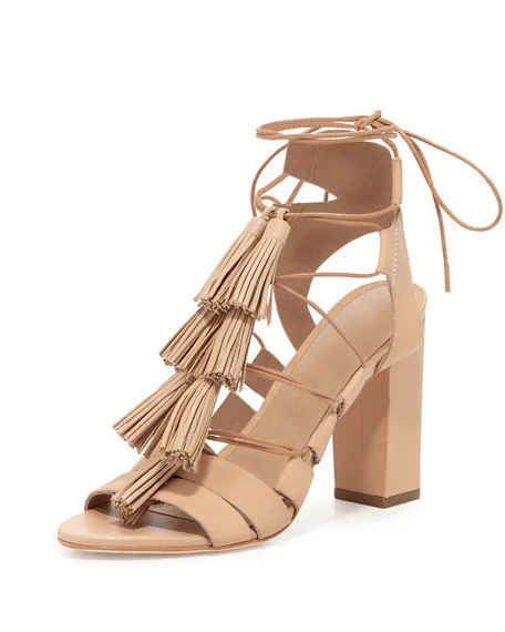 Khaki Fringe Sandals Open Toe Strappy Lace up Block Heels |FSJ Shoes