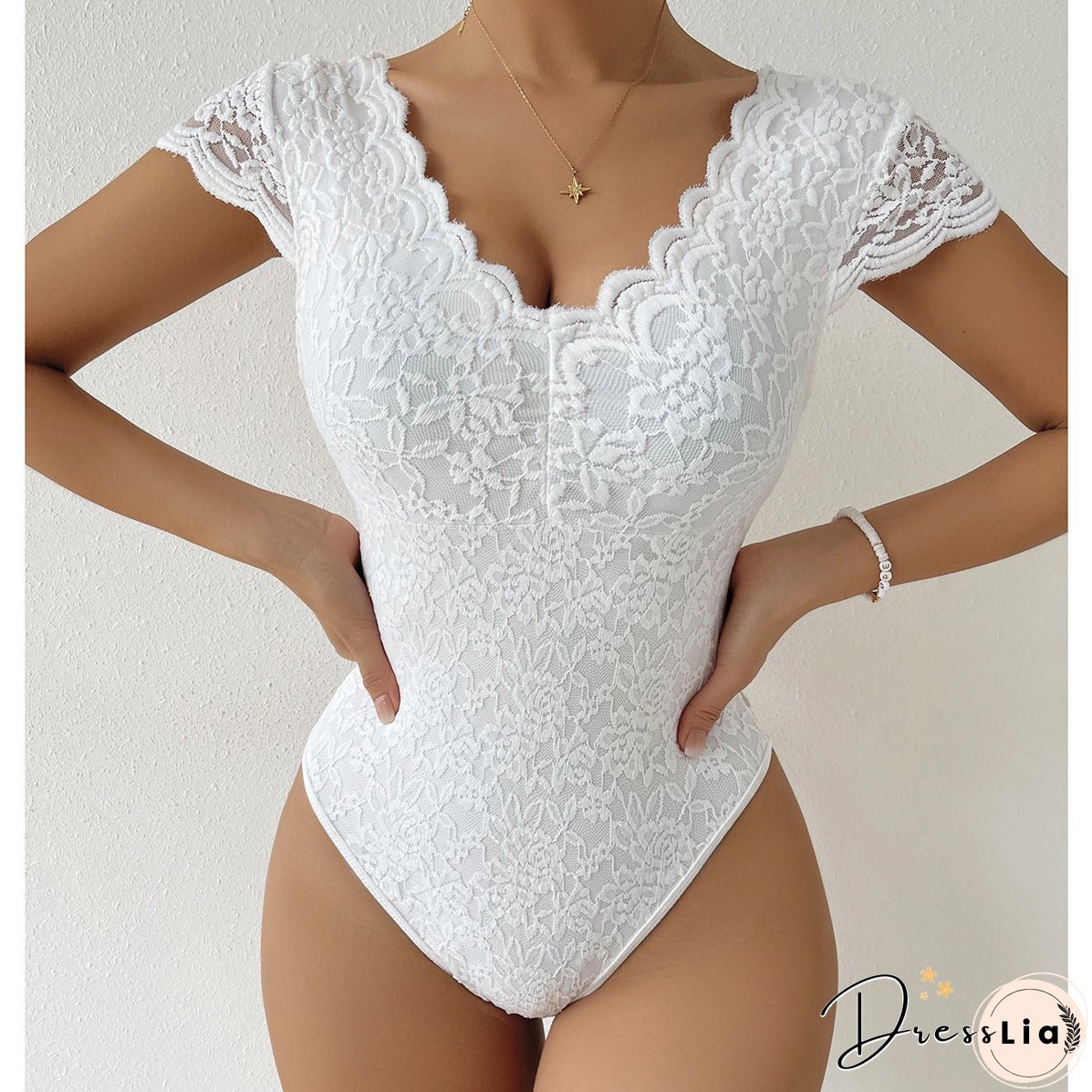 Summer Solid Color Lace Deep Backless Jumpsuits