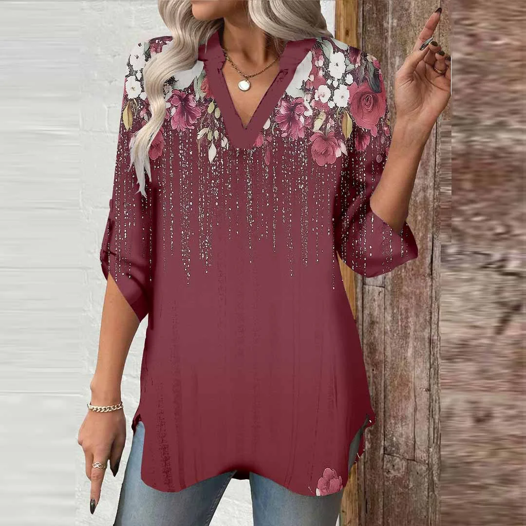 Women Floral,Burgundy,Shiny DZGA0628 3/4 Sleeve V-neck Printed Graphic Button Tops