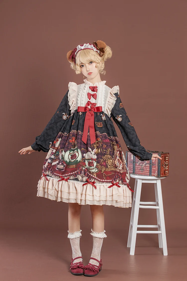  Christmas  Lolita Dress Long Sleeve Crown Bear Printed Chiffon Lolita One Piece Dress Novameme