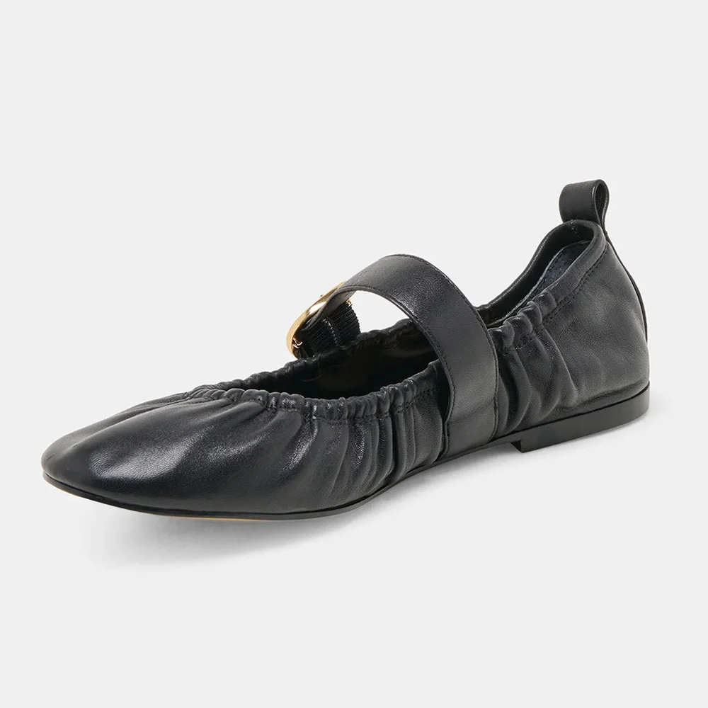 Women's Black Round Toe Flat Buckle Strap Ruched Mary Jane Shoes