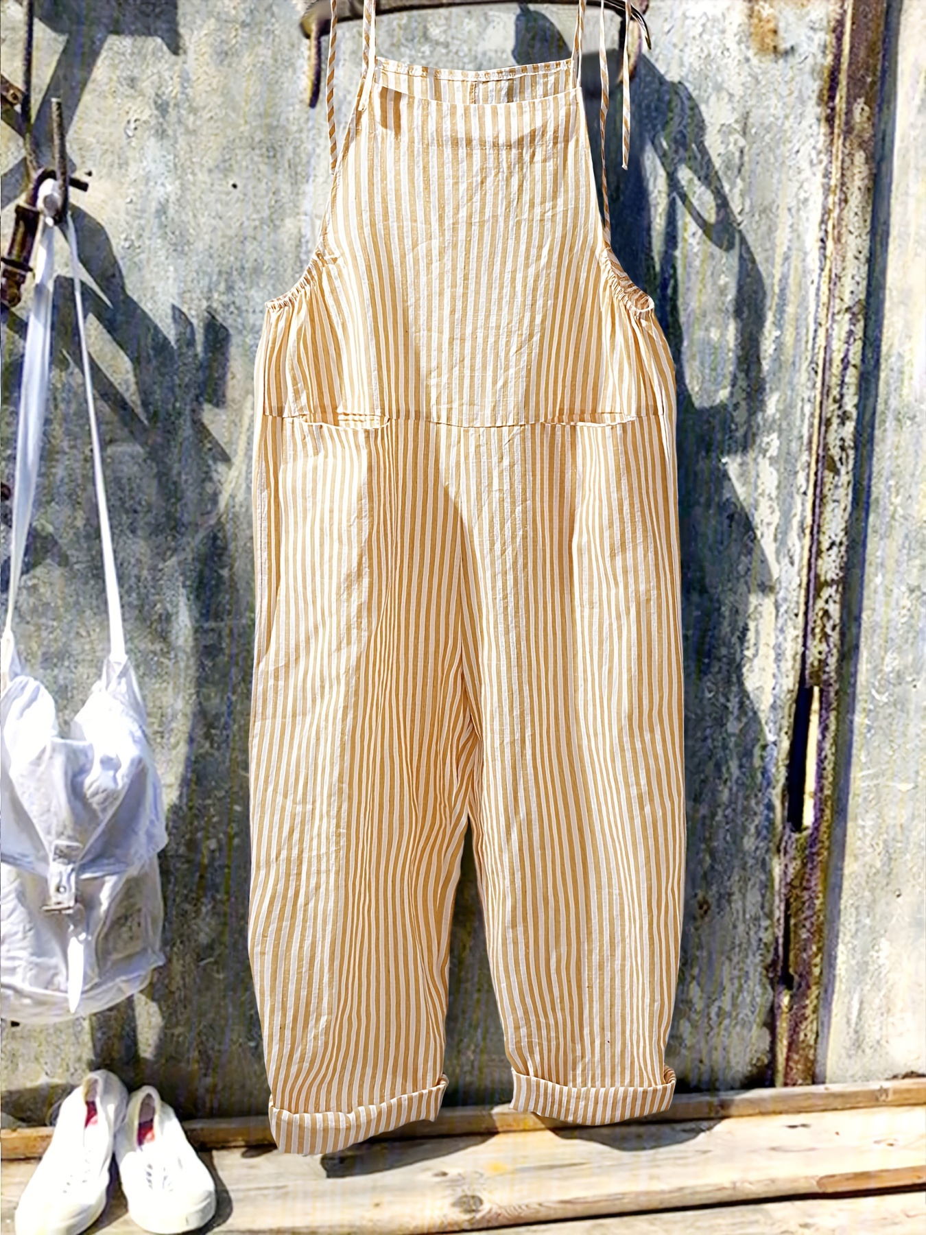 Sleeveless Women's Elegant Striped Jumpsuit | Knotted Detail, Adjustable Strap Design - Spring/Summer/Fall Fashion | IFYHOME