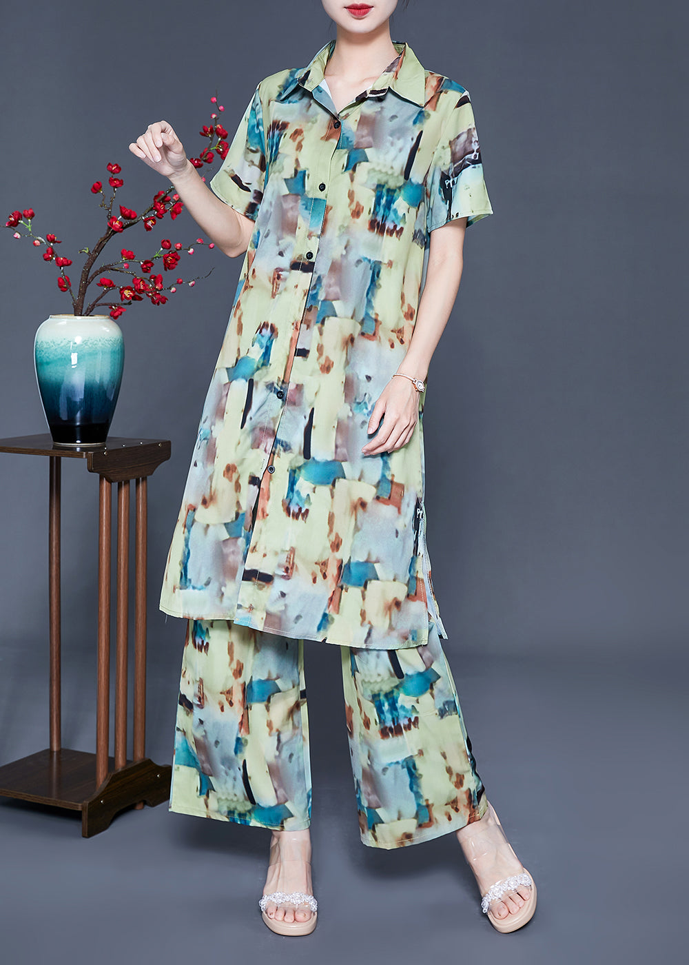 VCSHOES Loose Peter Pan Collar Print Silk Long Shirt And Straight Pants Two Piece Set Summer