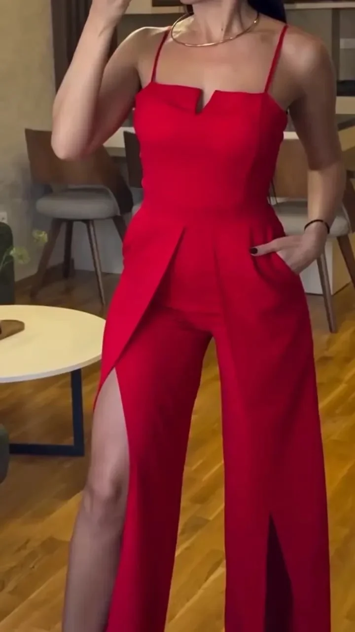 Women's Fashion Solid Color V-Neck Slit Hem Jumpsuit 