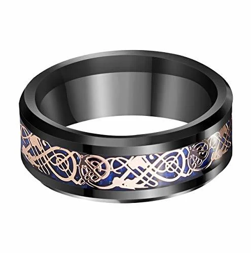 Women Or Men's Tungsten Carbide Wedding band Ring,Celtic Dragon Knot Mens Wedding bands Ring Black with Rose Gold and Blue Resin Inlay,Celtic Dragon Knot Tungsten Carbide Ring With Mens And Womens For 4MM 6MM 8MM 10MM