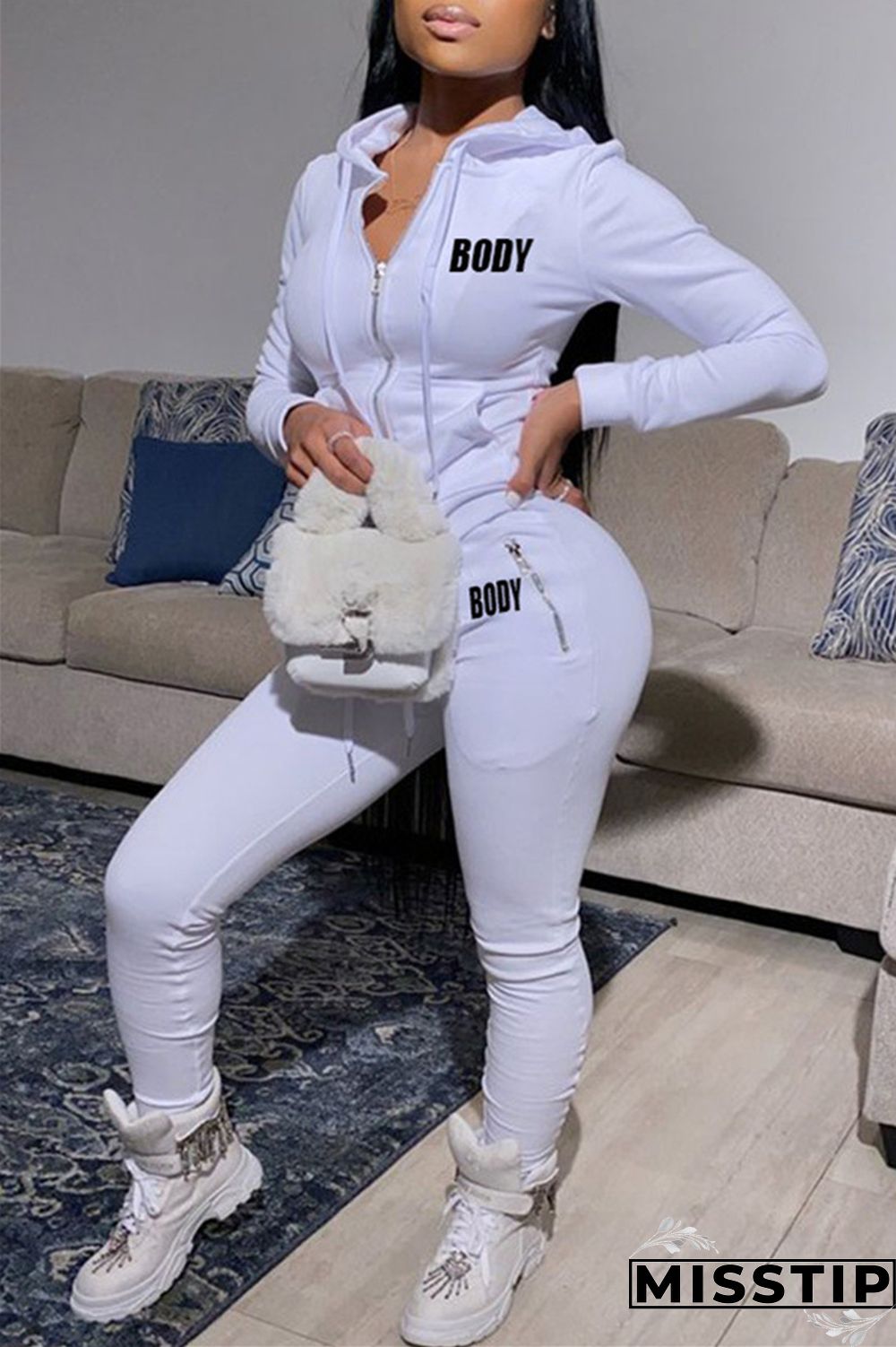 Army Green Fashion Casual Letter Print Solid Color Hooded Collar Long Sleeve Two Pieces