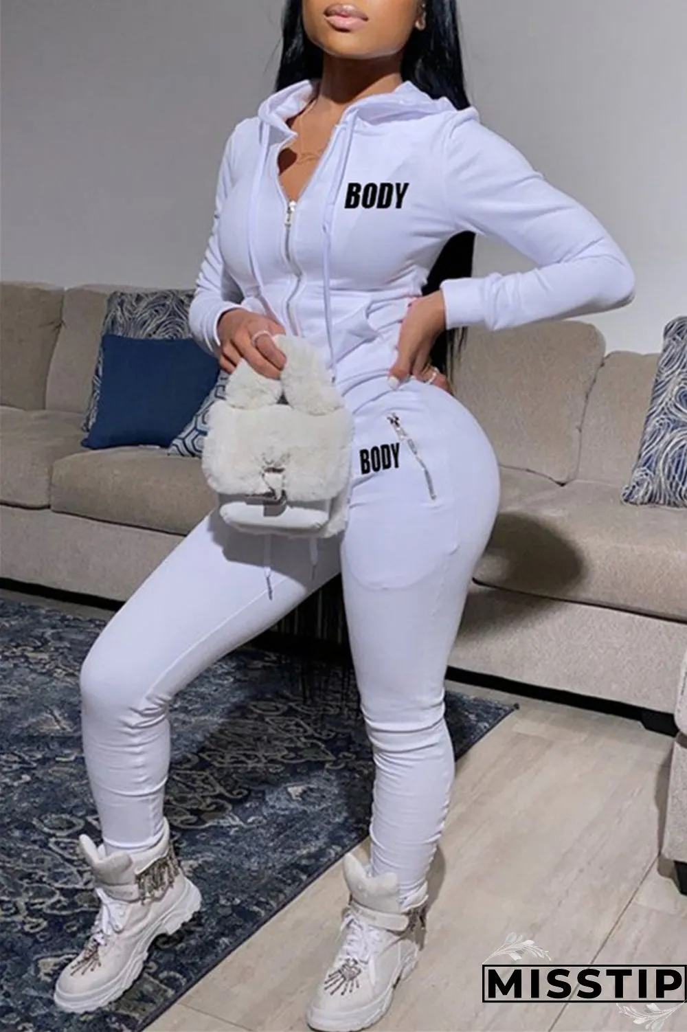 Army Green Fashion Casual Letter Print Solid Color Hooded Collar Long Sleeve Two Pieces