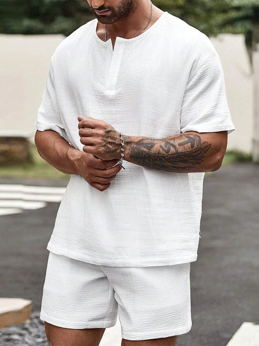 Men's Casual Trendy Sports V-neck Short Sleeve Shirt Set
