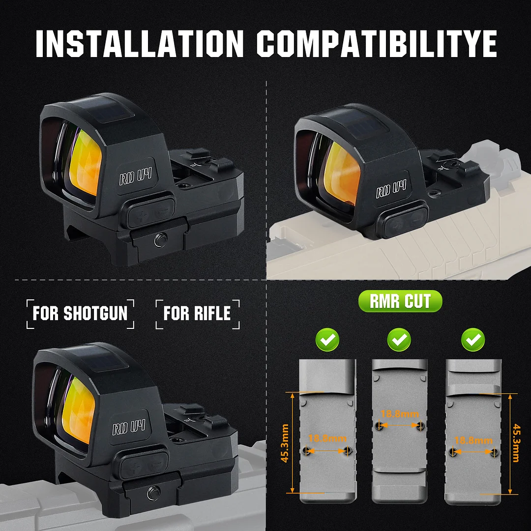 ohhunt&reg; RD U4MR Extra-Large Window Shake Awake Red Dot Sight with Multi-Reticle, Solar Panel, Side-Mounted Battery, RMR Footprint Cut & Picatinny Mount