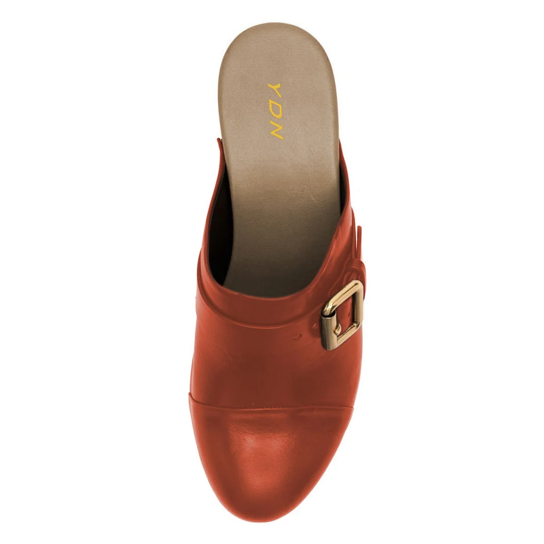 Orange Studded Buckle Strap Round Toe Platform Mules with Block Heel