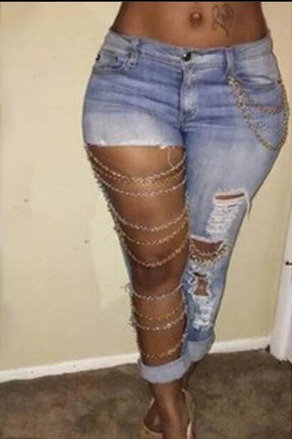 Blue Stylish Cutout Jeans with Chains