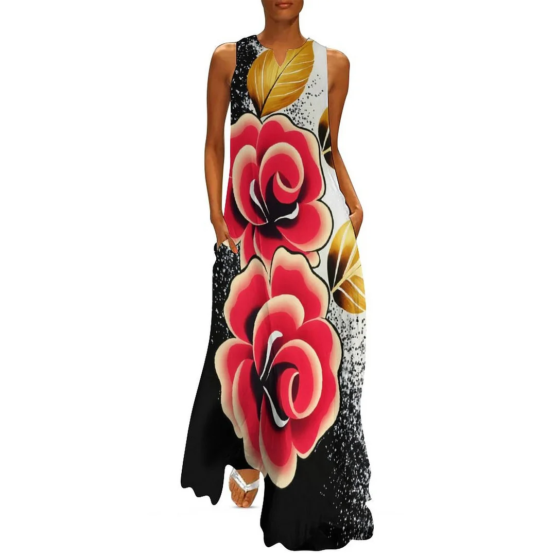 Style & Comfort for Mature Women Plus Size Printed Sleeveless Casual Women Maxi Dress with Pockets in Pattern Black, Red, Glitter, Golden