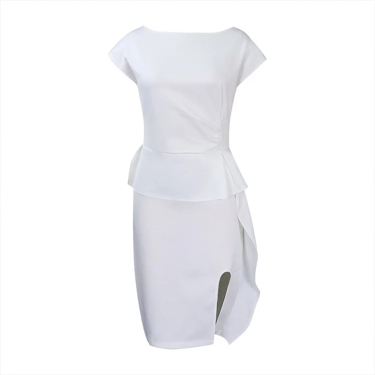 2023 summer new short -sleeved round neck pure color ruffled fold slice bag hip dress