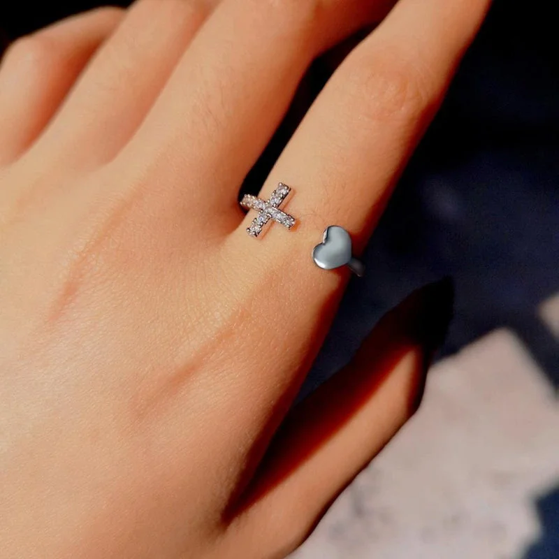 Rhinestone Accented Holy Cross and Heart Adjustable Rings