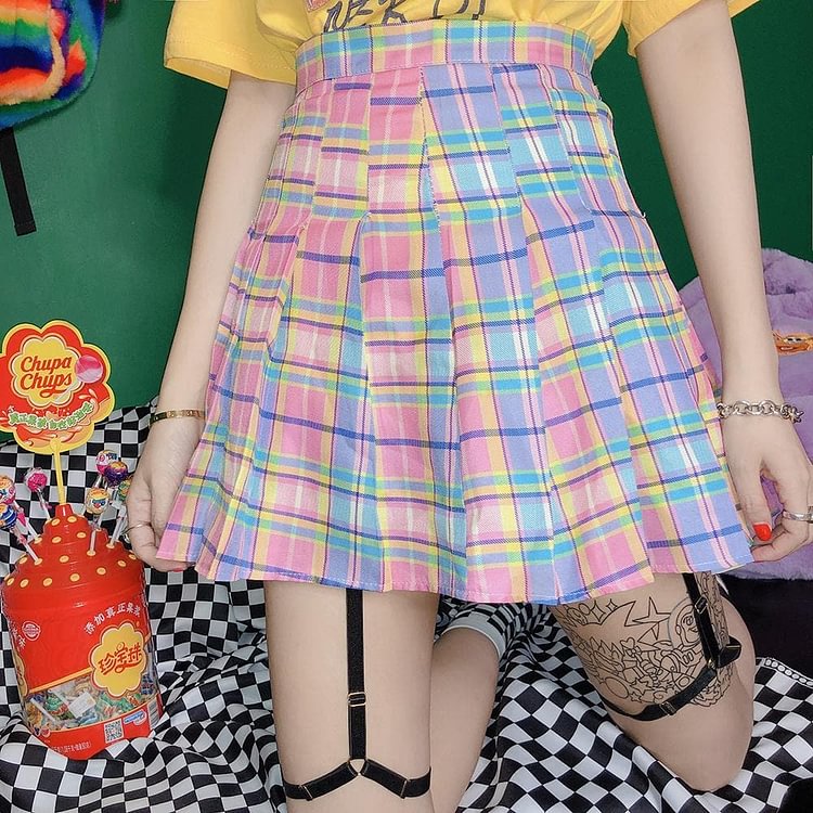 Pink Grid Pleated Skirt SP13490