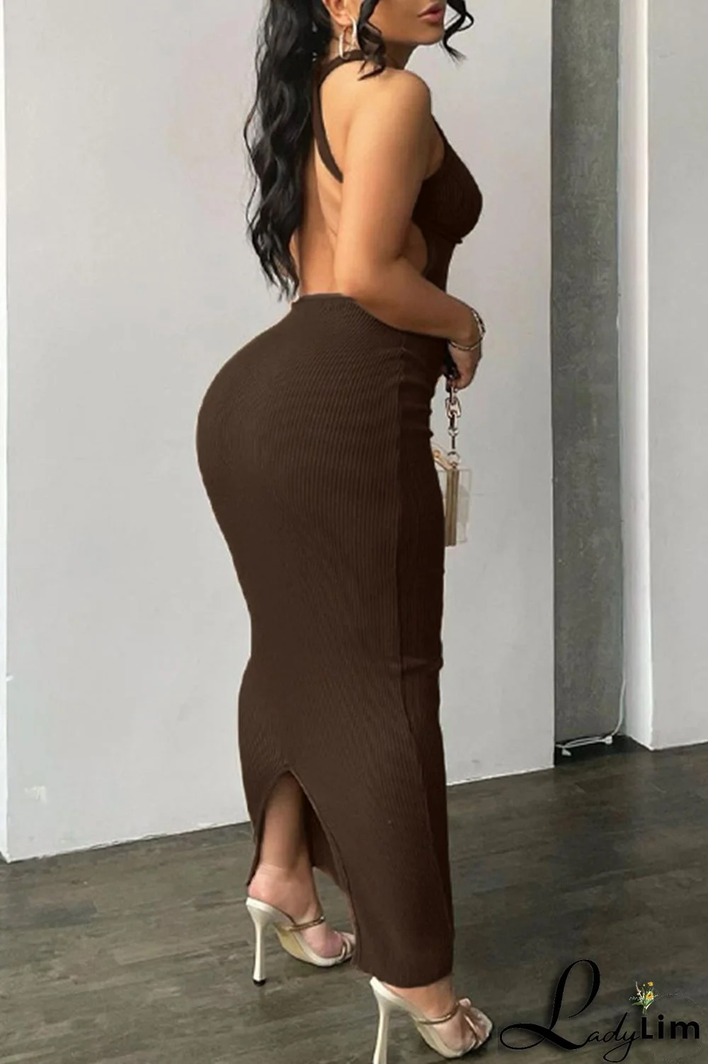 Coffee Fashion Sexy Solid Backless O Neck Sleeveless Dress Dresses