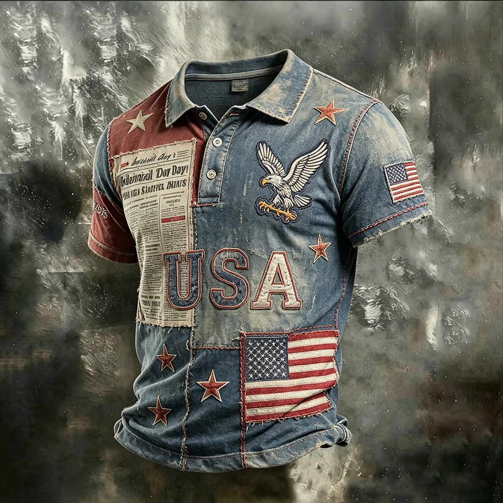  Men's Retro American Flag Art Patchwork Washed Blue Polo Shirt Westsshops