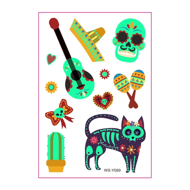 New Day of the Dead Luminous Fluorescent Tattoo Sticker Children's Cartoon Waterproof Guitar Halloween Skull Tattoo
