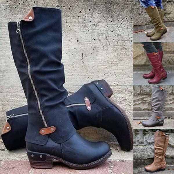 Women Fashion Winter Low Heel Riding Leather Boots Knee High Cowboy Boots - Life is Beautiful for You - SheChoic