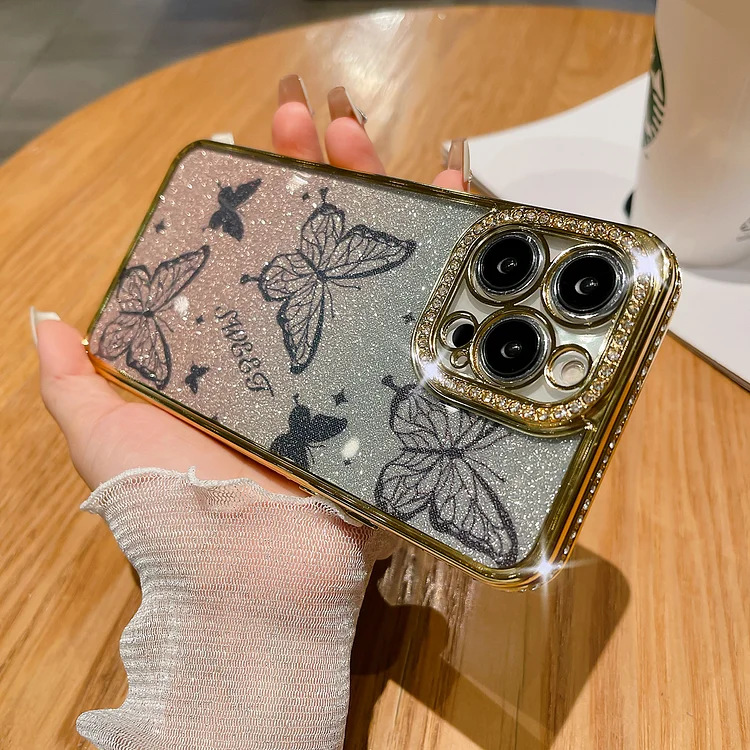 Women Luxury Glitter Diamond Hand Drawn Butterfly Case For iPhone 15 14 13 12 11 Pro Max Plus Clear Silicone Shockproof Cover