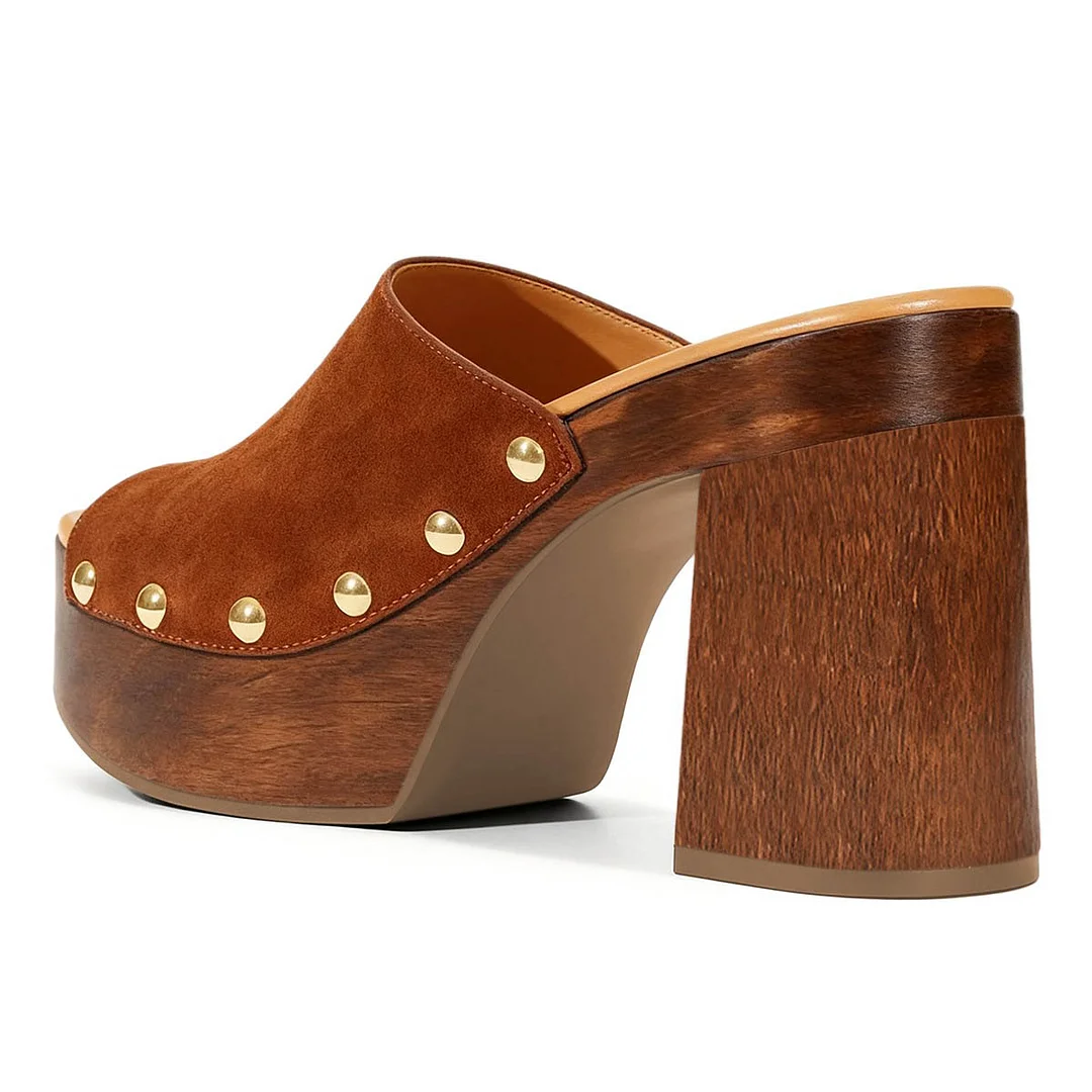 Brown Vegan Suede Open Toe Studded High Heel Mules with Platform