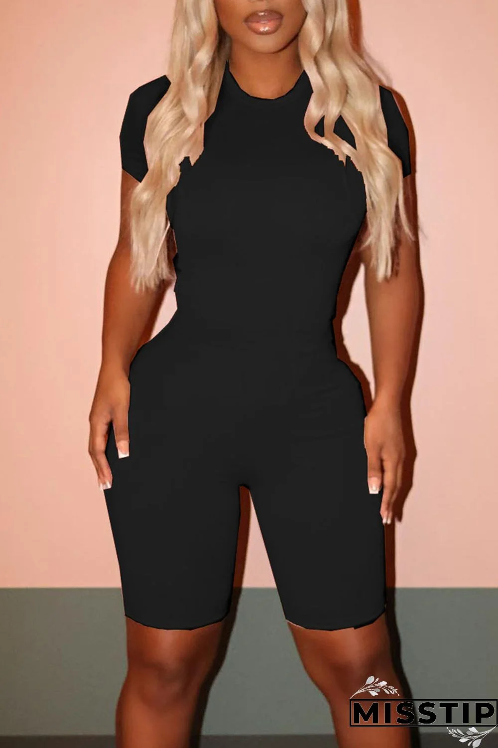 Black Casual Solid Patchwork O Neck Short Sleeve Two Pieces