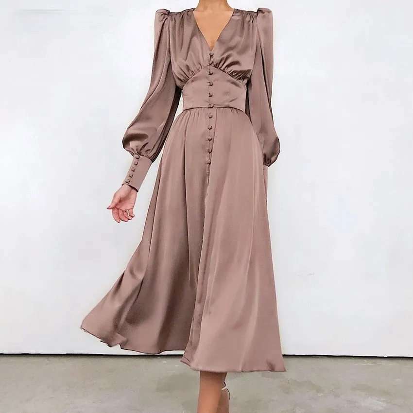 Beige Single Breasted Sexy Dress Party Clud High Waist Satin Long Dress Elegant V Neck Women Midi Dresses Lantern Sleeve