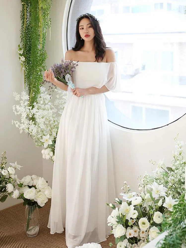 Bohemian Chiffon Wedding Dress A Line Off Shoulder Bride Dresses Floor Length