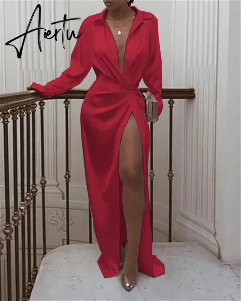 New Satin Silk Sexy Long Sleeve Party Dresses Women Night Club Soft Dress Autumn Dress V-Neck Solid Split Turn Down Collor M0010 Aiertu