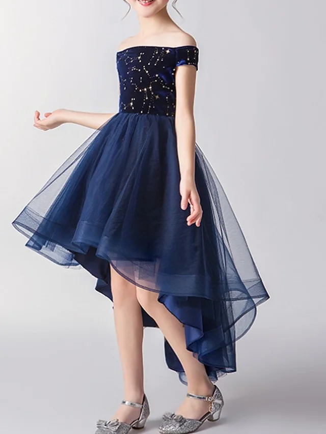 Daisda Short Sleeve Off Shoulder A-Line Flower Girl Dress Tulle With Print