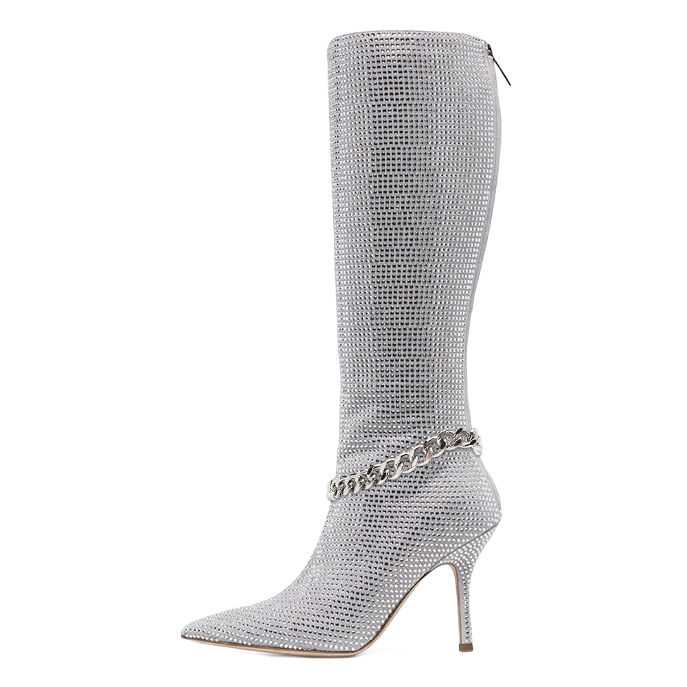 Trendy Silver Pointed Toe Chain Decor High Heel Rhinestone Boots Nicepairs