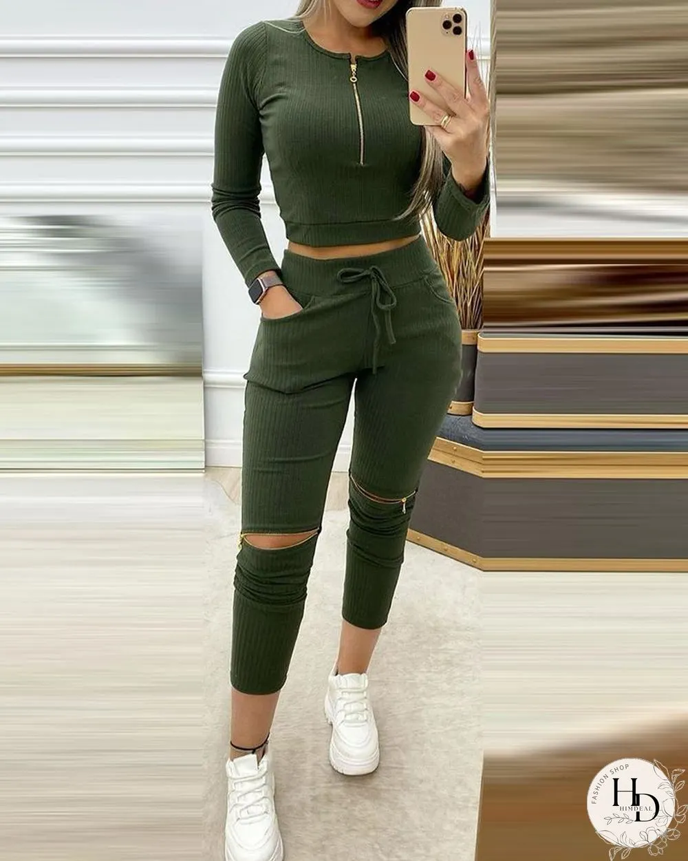 Solid Ribbed Zipper Design Crop Top & Cutout Pants Set P15258